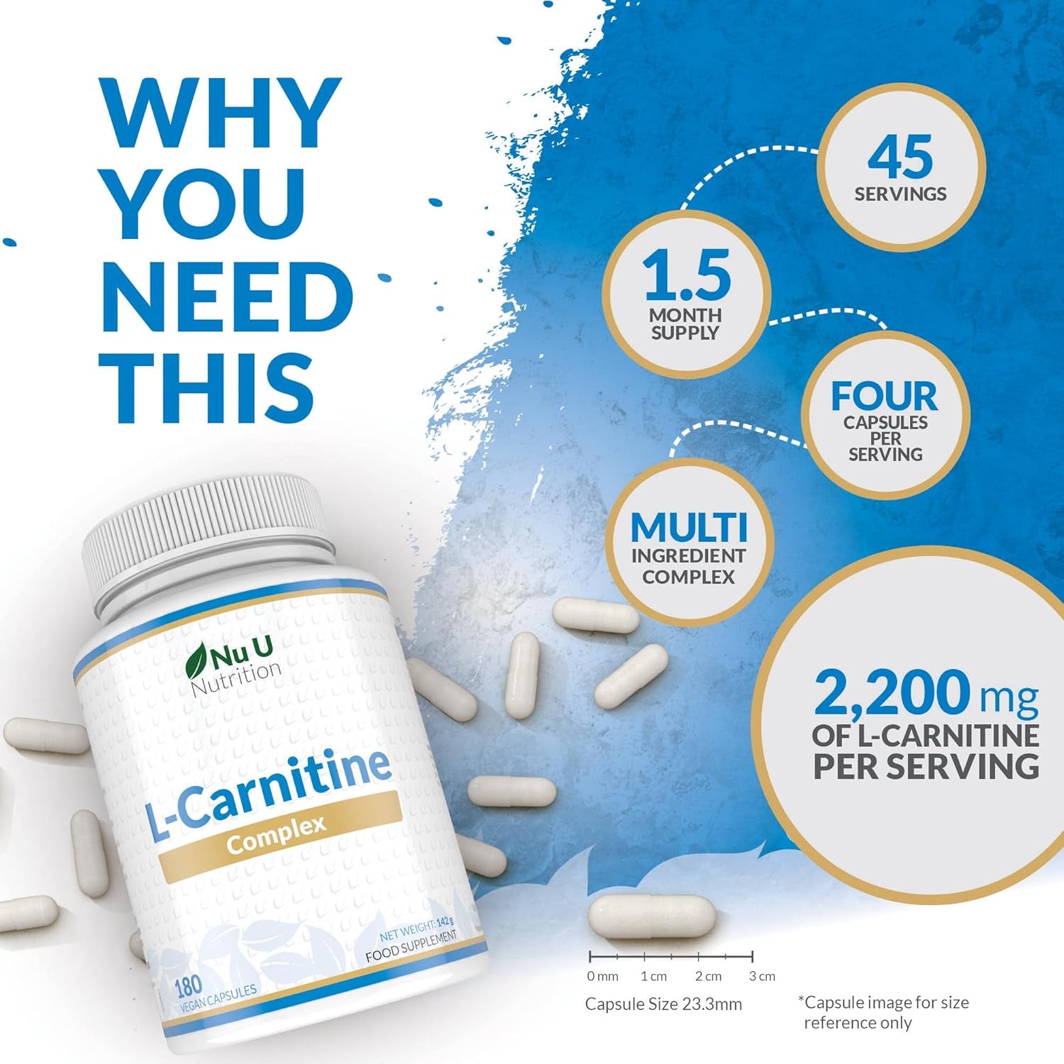 L-Carnitine Tartrate Complex 2200Mg - 180 Vegan Capsules - with Chromium, Riboflavin, Biotin, Vitamin D, B3 & B6 - High Strength L Carnitine Supplement - Made in the UK - Nu U Nutrition