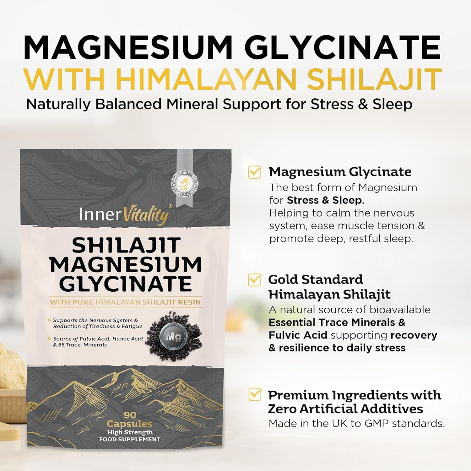 Magnesium Glycinate 1200Mg + Shilajit Minerals for Sleep, Relaxation & Natural Energy, 2-In-1 High Strength Supplement - 90 Capsules Mineral Support Made in UK by Inner Vitality