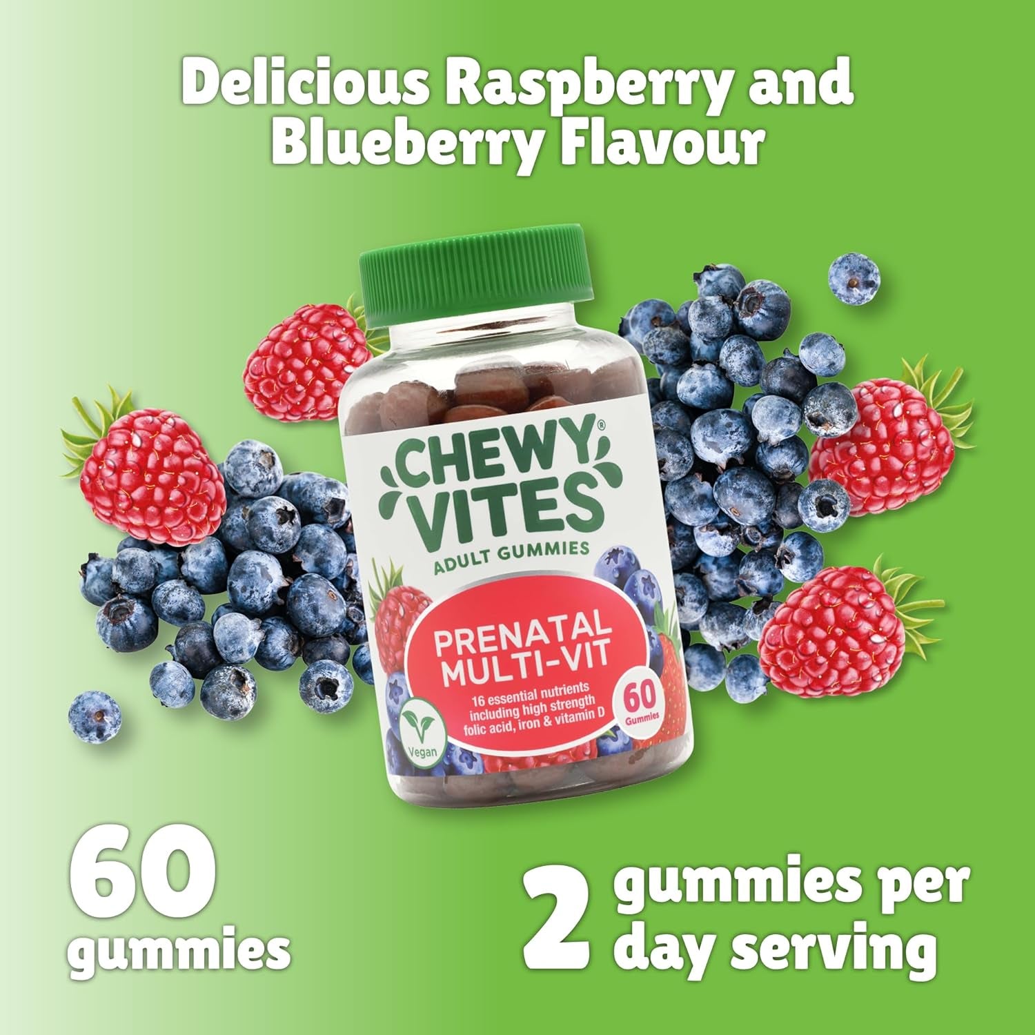 Chewy Vites Women'S Prenatal Multivitamin, 60 Multivitamin Gummies, 16 Essential Nutrients with Folic Acid, Iron and Vitamin D, 1 Month Supply, Vegan, Blueberry and Raspberry Flavour