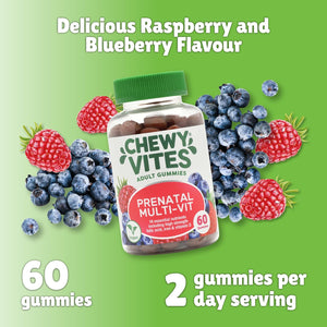 Chewy Vites Women'S Prenatal Multivitamin, 60 Multivitamin Gummies, 16 Essential Nutrients with Folic Acid, Iron and Vitamin D, 1 Month Supply, Vegan, Blueberry and Raspberry Flavour