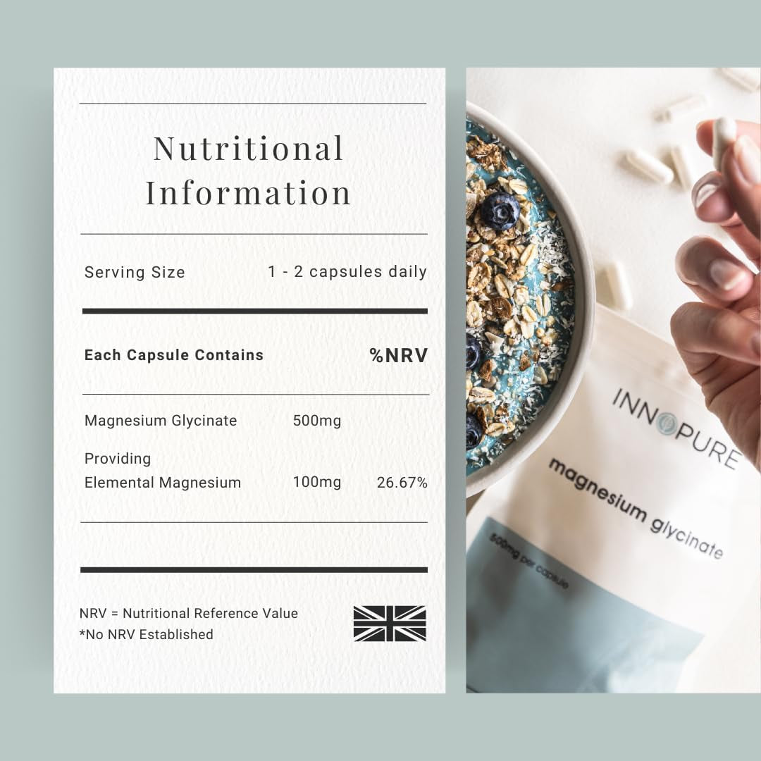 INNOPURE Magnesium Glycinate - 90 Capsules - Bioavailable Magnesium Supplements - 500Mg per Capsule Providing 100Mg of Pure Elemental Magnesium Bisglycinate Powder - Made in the UK