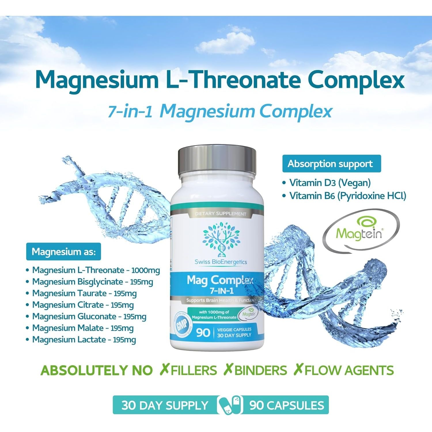 Magnesium L-Threonate Complex 7-In-1 with 1000Mg of Magtein plus Magnesium as Bisglycinate, Taurate, Citrate, Gluconate, Malate & Lactate - Supports Sleep - Vegan, UK Made and No Artificial Nasties