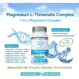 Magnesium L-Threonate Complex 7-In-1 with 1000Mg of Magtein plus Magnesium as Bisglycinate, Taurate, Citrate, Gluconate, Malate & Lactate - Supports Sleep - Vegan, UK Made and No Artificial Nasties