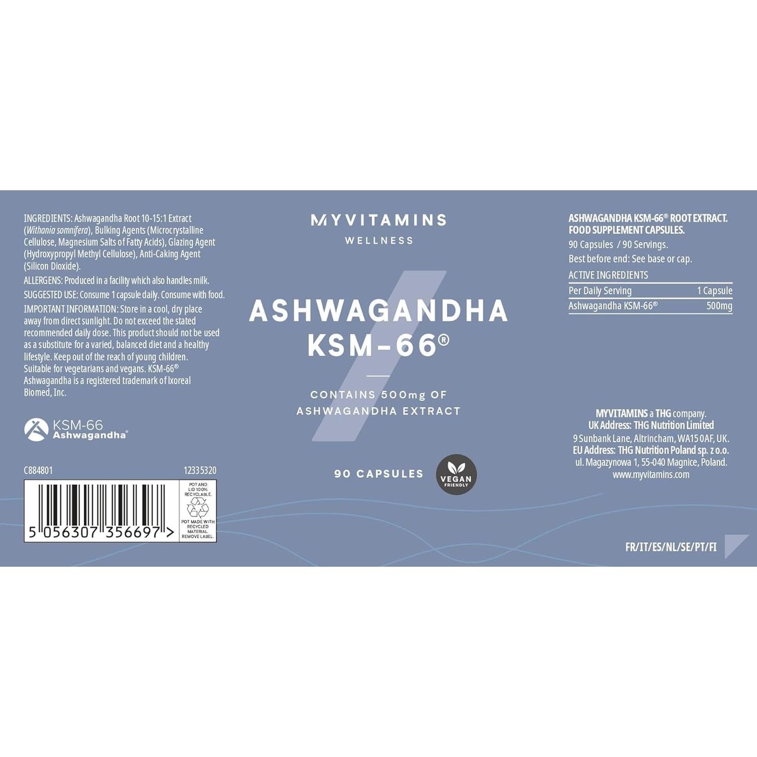 Myprotein Ashwagandha KSM66 Capsules, Full-Spectrum Root Extract, High Potency, Natural Stress Relief, Enhanced Mood, Immune Support, Non-Gmo, Vegan - 90 Capsules