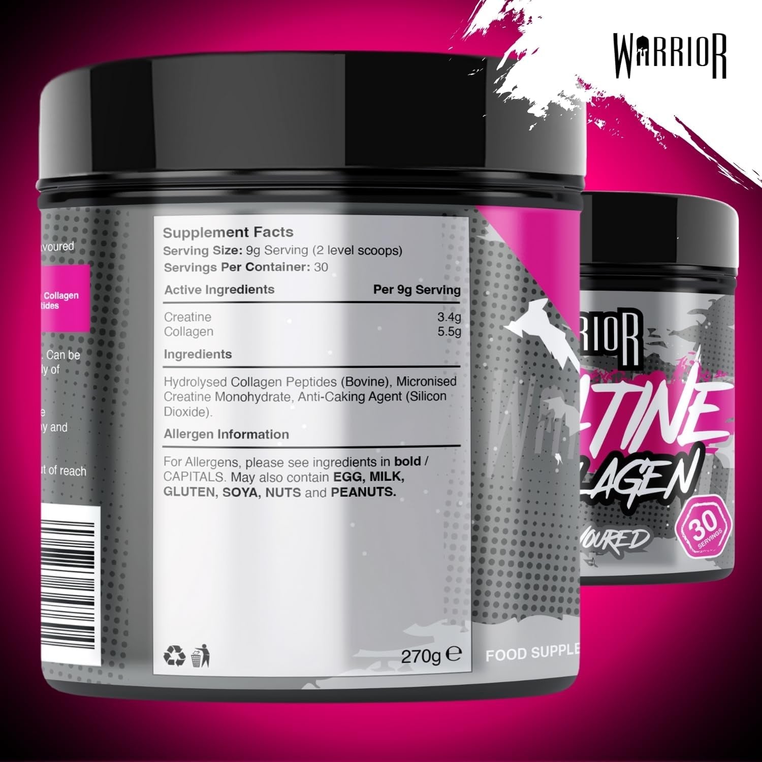 Warrior Creatine Monohydrate + Collagen Powder 270G - Pure Hydrolysed Peptides (Bovine) - Supports Muscle Recovery - Workout Supplement for Women and Men (Not Tablet) - 30 Servings (Unflavoured)