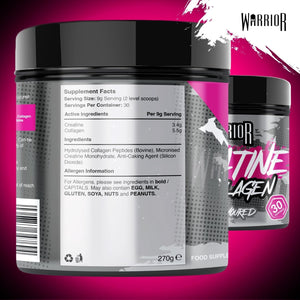 Warrior Creatine Monohydrate + Collagen Powder 270G - Pure Hydrolysed Peptides (Bovine) - Supports Muscle Recovery - Workout Supplement for Women and Men (Not Tablet) - 30 Servings (Unflavoured)
