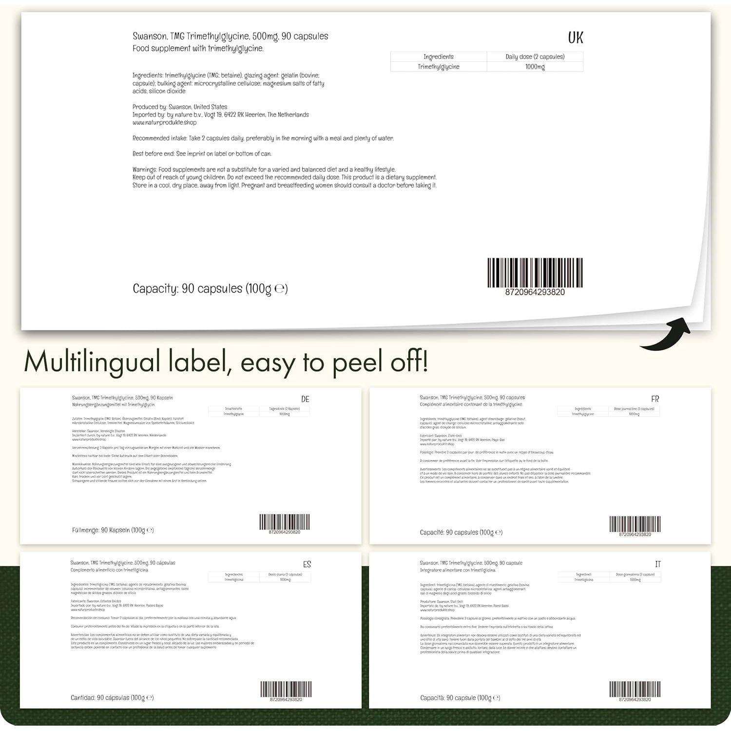 Swanson, TMG Trimethylglycine, 500Mg, 90 Capsules, High Dose, Lab-Tested, Soya-Free, Gluten-Free, Gmo-Free