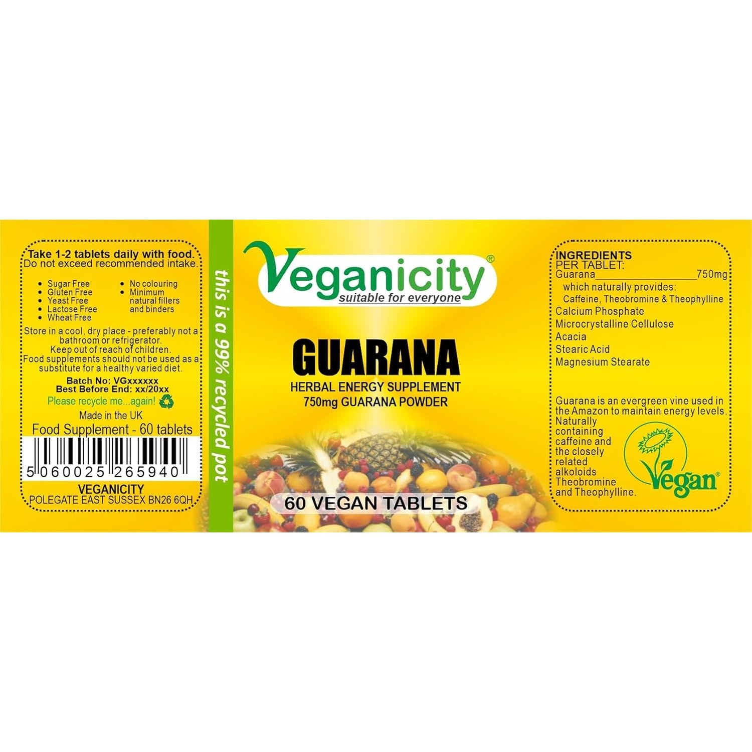Veganicity Guarana 750Mg : Energy & Focus Supplement : 60 Tablets, in a Planet-Friendly 99% Recycled Pot