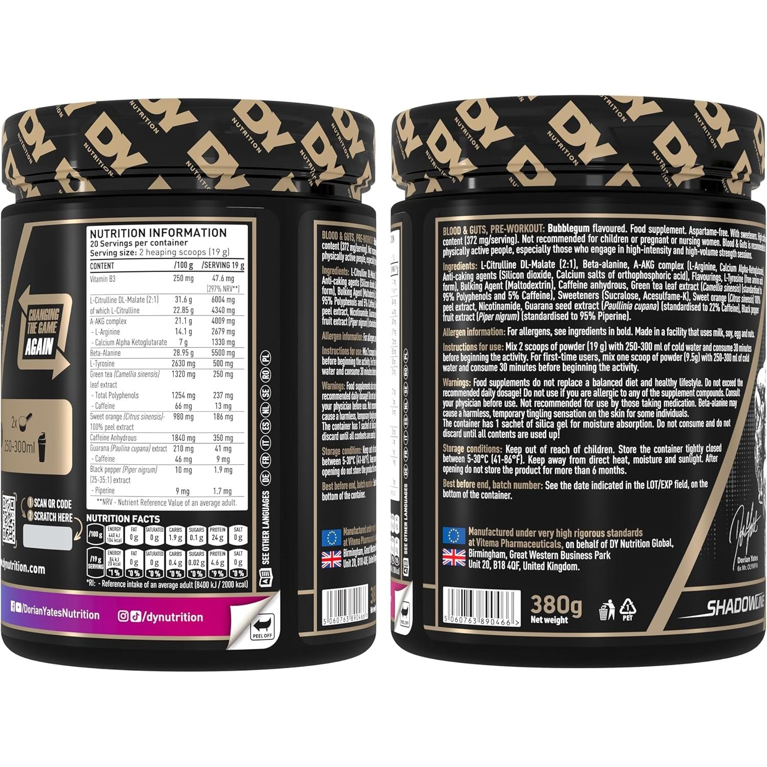 DY Nutrition - Blood and Guts Pre Workout Powder, 380G (Bubblegum) - High Strength Preworkout with 350Mg Caffeine, Citrulline Malate, Beta Alanine, Arginine AKG, L-Tyrosine, Vitamin B3 for Men & Women