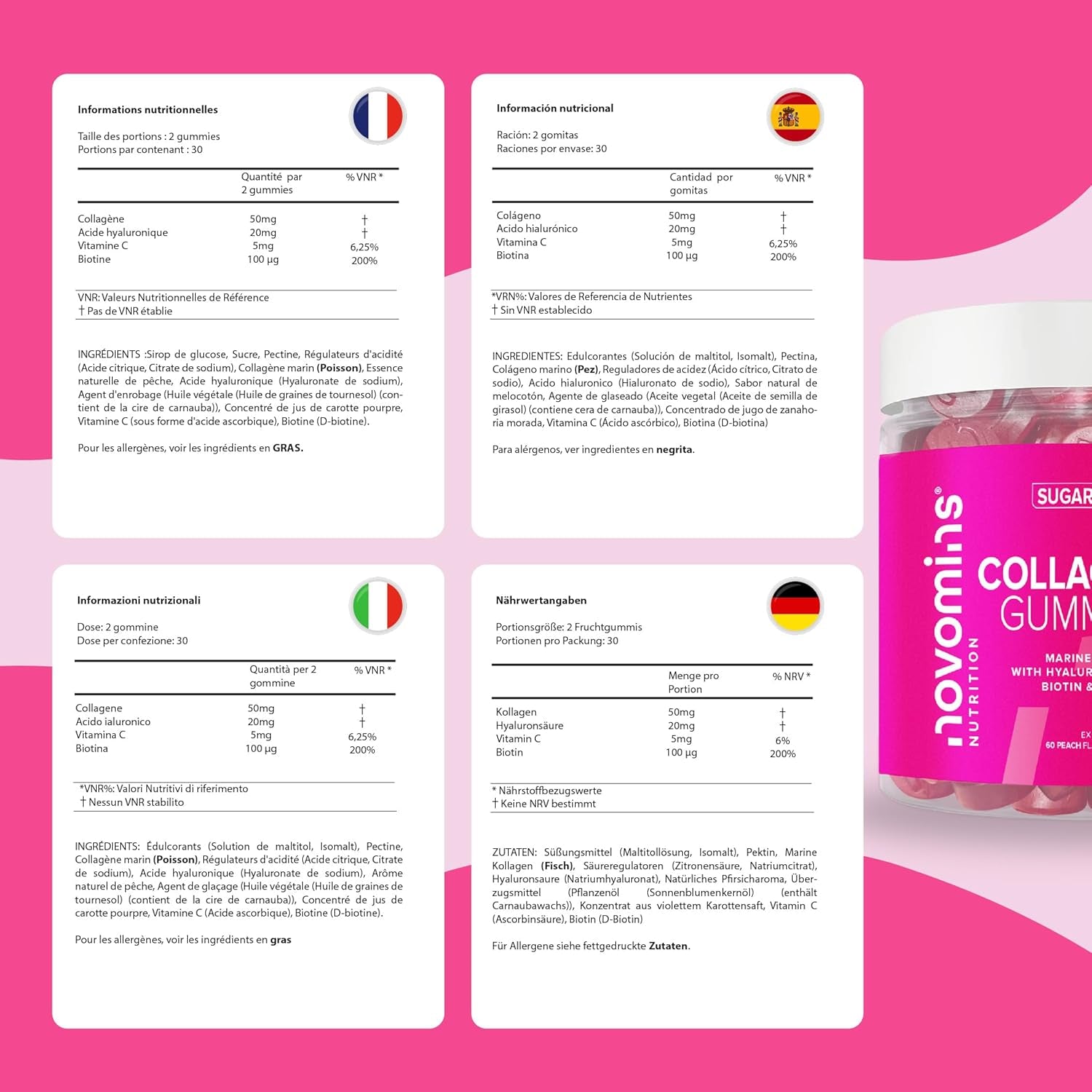 Collagen Gummies - Sugar Free - with Hyaluronic Acid, Vitamin C & Biotin - Collagen Supplements for Women & Men - More Convenient than Collagen Powder - 60 Marine Collagen Gummies - Novomins