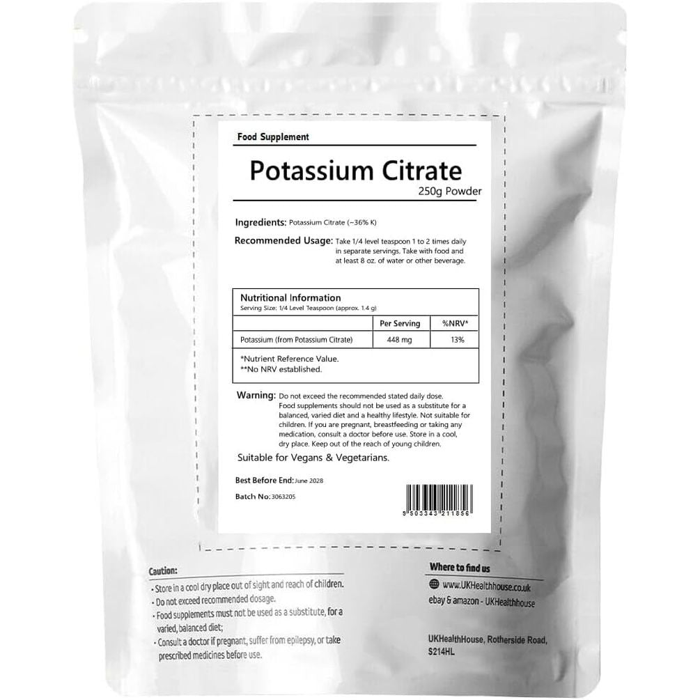 Ukhealthhouse Potassium Citrate, Vegan Powder - High Strength Electrolytes Support Superior & Absorption Great Keto and Fasting No Dairy or Gluten UK (250G)