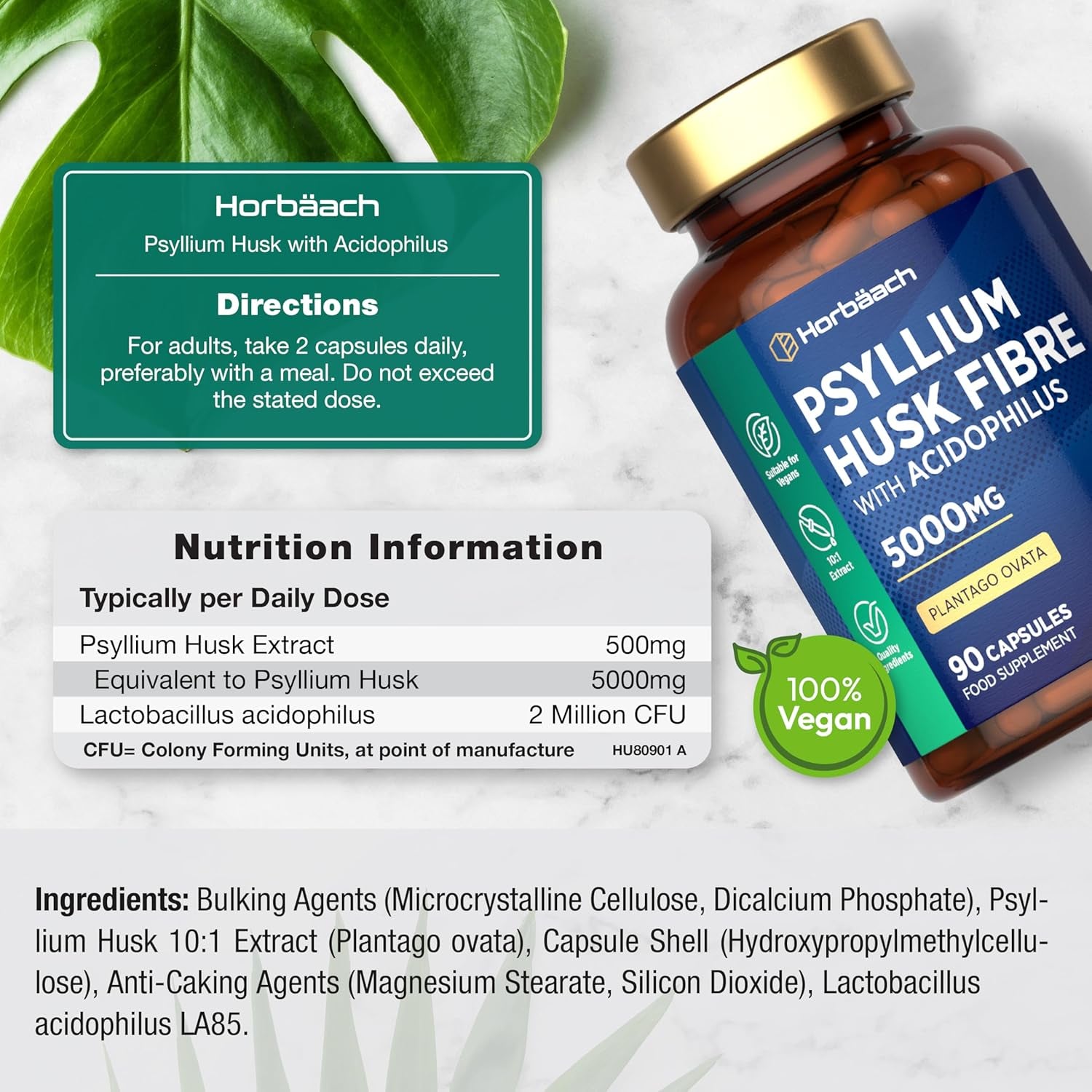 Psyllium Husk Capsules 5000Mg with Acidophilus | Natural Soluble Fibre Supplement with Probio | Plantago Ovata Seed Husk Extract | 90 Vegan Capsules | by Horbaach