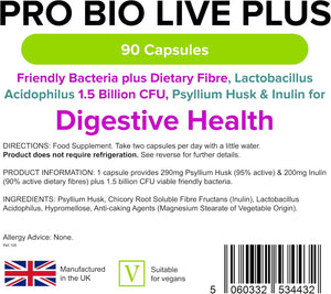 Lindens - Pro Bio Live plus Dietary Fibre - 90 Capsules - UK Made - Lactobacillus Acidophilus, 1.5 Billion CFU with Psyllium Husk & Inulin, Healthy Digestion - Letterbox Friendly, Vegan