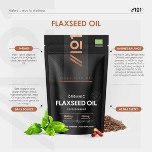 Organic Flaxseed Oil 1440Mg - 64% Omega 3-6-9 – 120 Vegan Liquid Capsules – Cold Pressed – Rich in Alpha Linoleic Acid, Linoleic Acid & Oleic Acid - by Alpha01