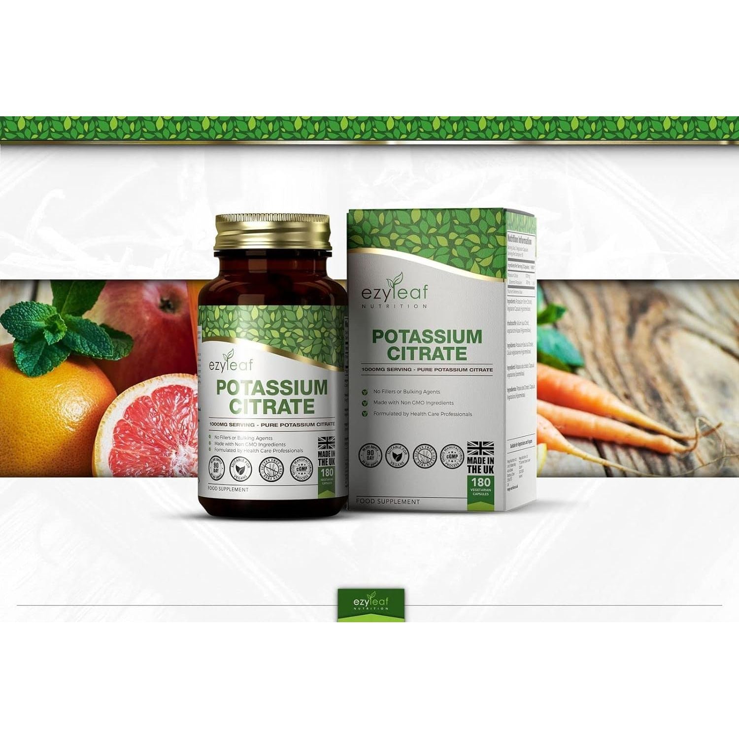 Ezyleaf Potassium Citrate | 180 High Strength Potassium-Capsules - 1000Mg Citrate per Serving | Potasium Supplements | Clean, No Fillers Formula | Vegan, Non-Gmo Gluten & Allergen Free | UK