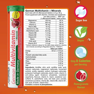 German Multivitamin + Mineralien Drink Effervescent Tablets 60 Servings Pomegranate Flavour – 10 Vitamins + 2 Minerals – Made in Germany