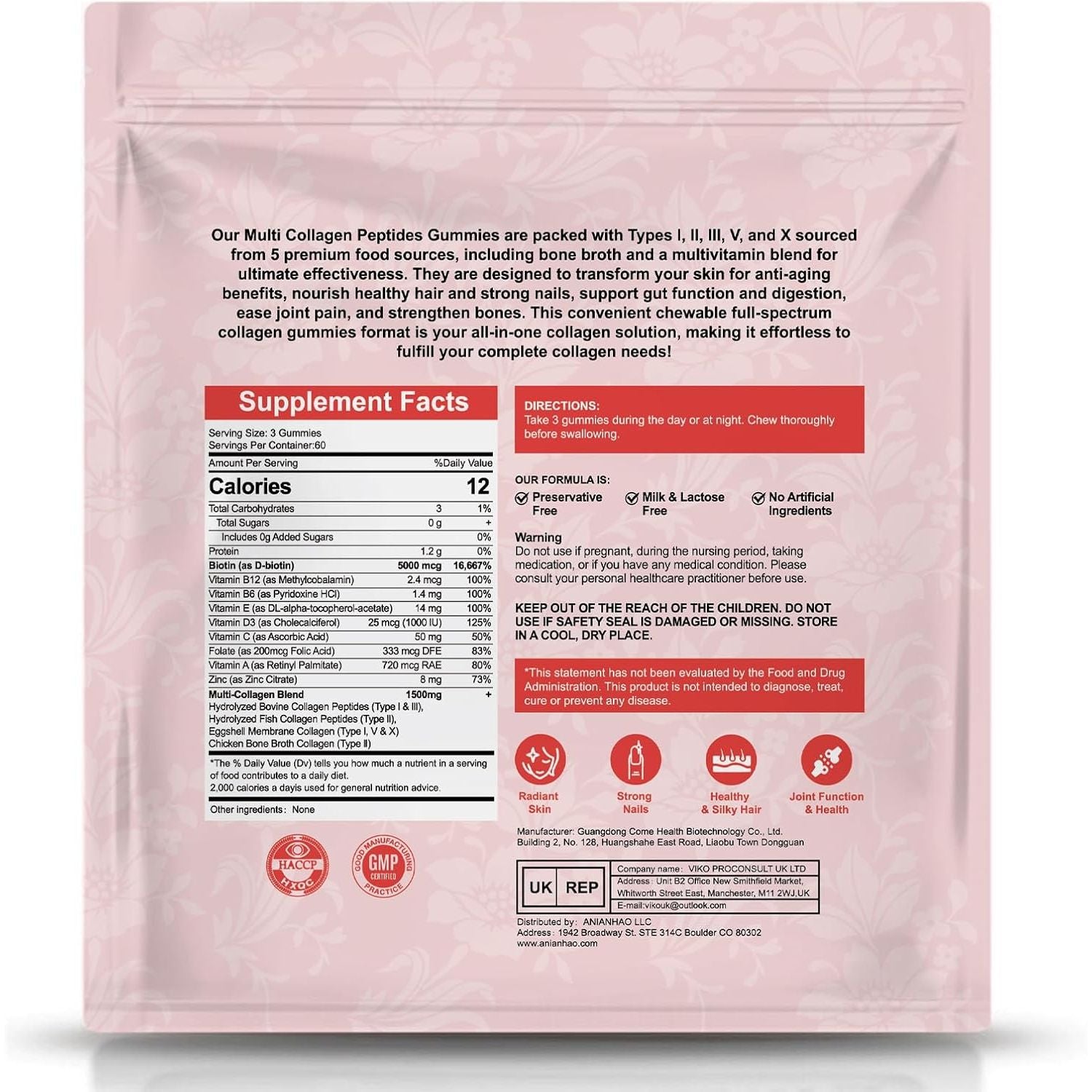 180 Marine Collagen Gummies 1500Mg, Hydrolyzed Collagen Peptides for Women & Men, Type I, II, & III, Biotin, Hyaluronic Acid & Vitamin C, Advanced Skin Support & Hair Growth, 2 Month Supply