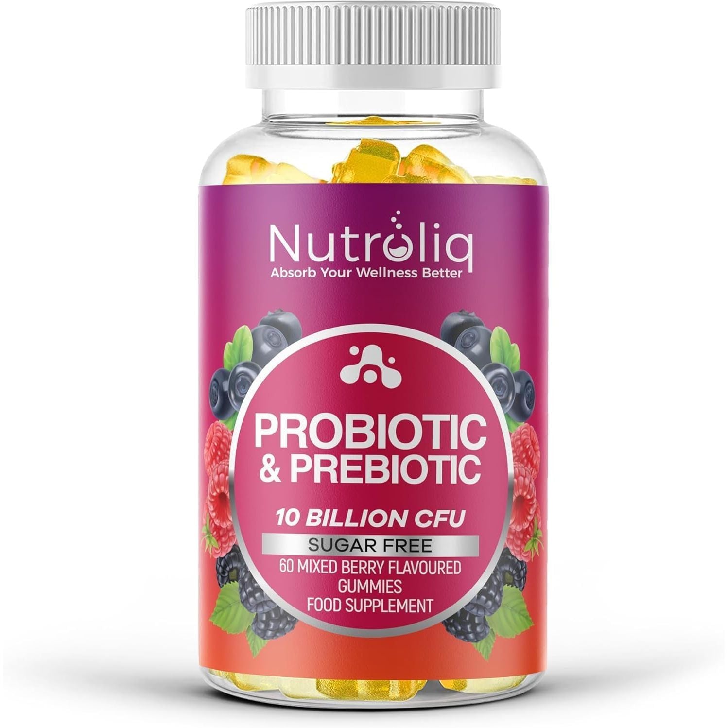 Nutroliq Prebiotic & Probiotic Sugar-Free Gummies - Gut Health Supplements for Women, Men, Kids to Support Digestive System, Immune System Booster - 10 Billion CFU per Serving, Vegan - 60 Gummies