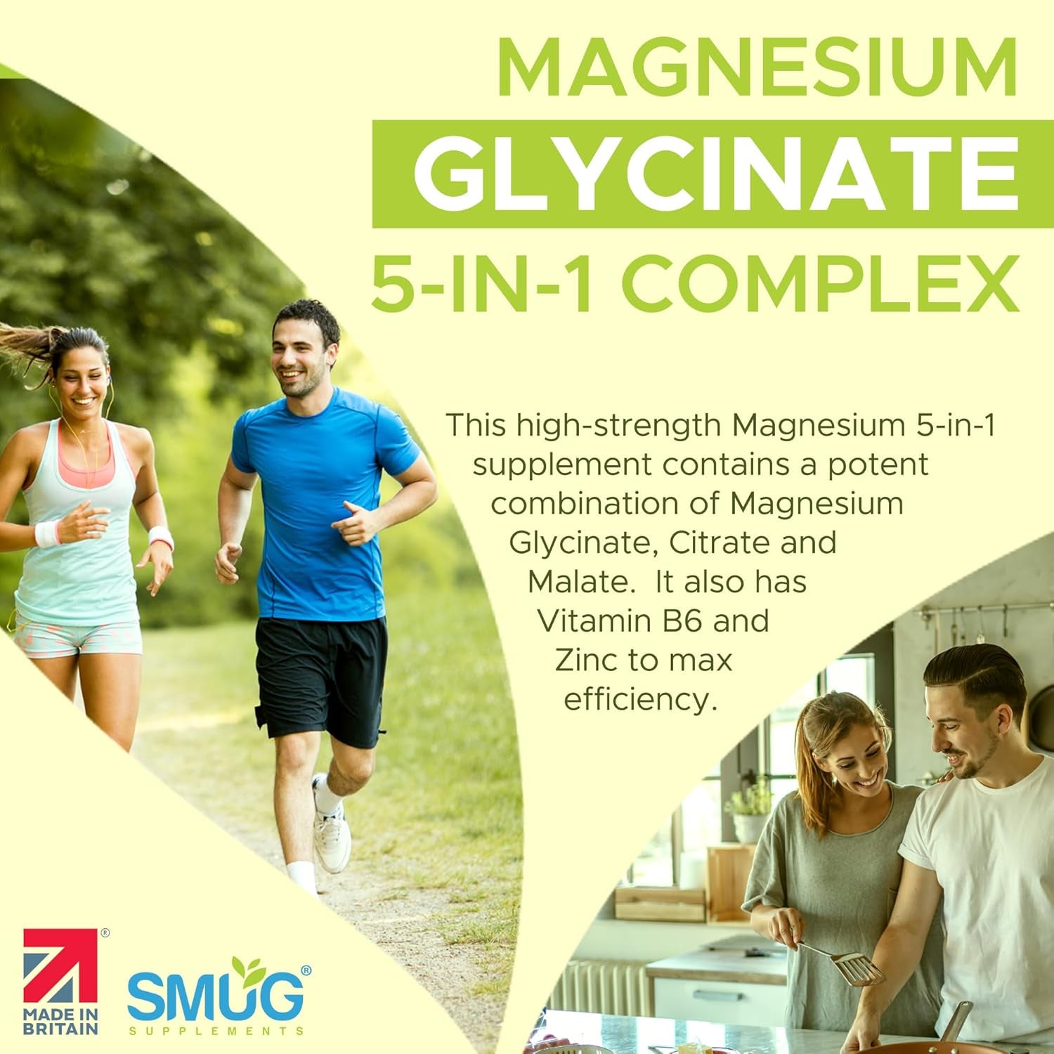 Magnesium Glycinate Complex British Made 5-In-1 by SMUG Supplements - 60 Capsules - Advanced Blend Combining Magnesium Glycinate, Citrate and Malate. with Added Vitamin B6 and Zinc.
