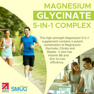 Magnesium Glycinate Complex British Made 5-In-1 by SMUG Supplements - 60 Capsules - Advanced Blend Combining Magnesium Glycinate, Citrate and Malate. with Added Vitamin B6 and Zinc.