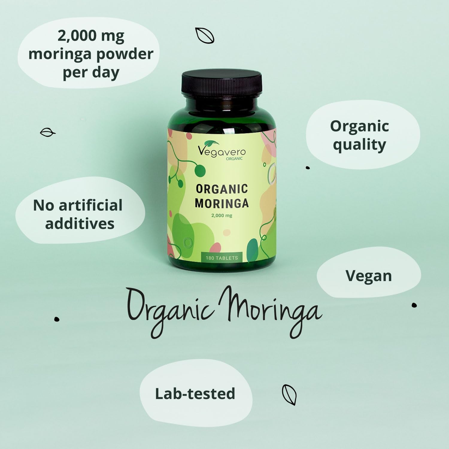 Vegavero Organic Moringa Oleifera Tablets 2000 Mg | Pure Powder - Premium Quality | Lab-Tested & Non-Gmo | Malunggay Supplement | 180 Tablets | Vegan