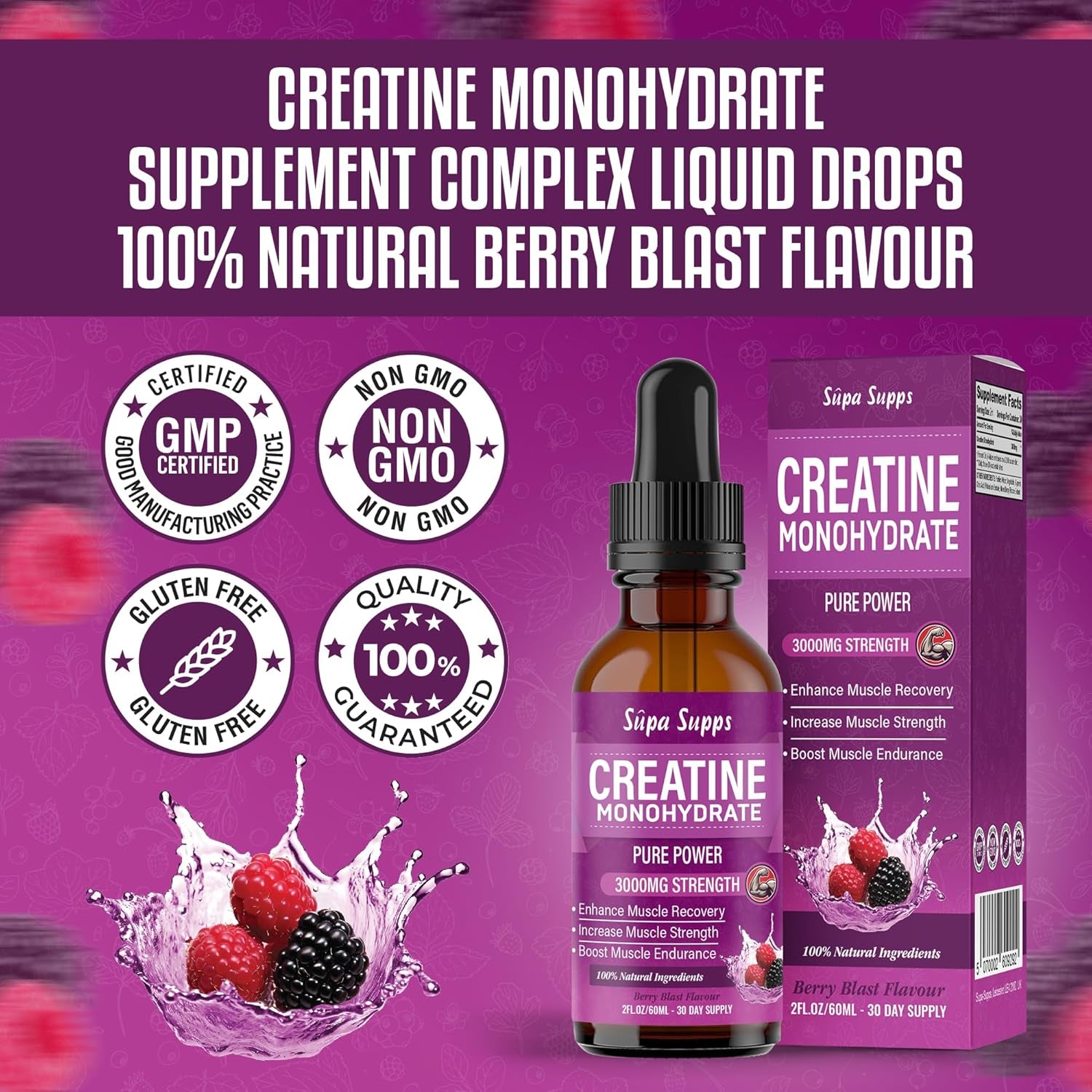 Creatine Monohydrate Drops 60Ml - Liquid Alternative to Creatine Monohydrate Powder, Ideal for Gym Performance, Bulk Creatine Formula, Supports Muscle Growth, Recovery, and Energy - Berry Flavour