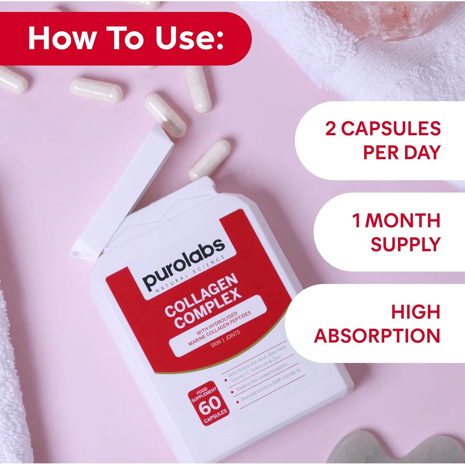 Purolabs Marine Collagen Complex - Collagen Supplement for Women & Men - with Hyaluronic Acid & Vitamin C - High Strength Type 1 Hydrolyzed Collagen Peptides - 60 Capsules - Skin, Hair & Nails