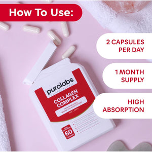 Purolabs Marine Collagen Complex - Collagen Supplement for Women & Men - with Hyaluronic Acid & Vitamin C - High Strength Type 1 Hydrolyzed Collagen Peptides - 60 Capsules - Skin, Hair & Nails