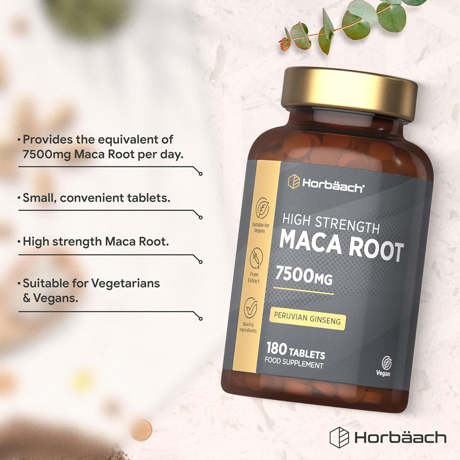 Maca Root 7500Mg | High Strength Maca Supplement for Men & Women | Peruvian Ginseng Extract | 180 Vegan Tablets | by Horbaach