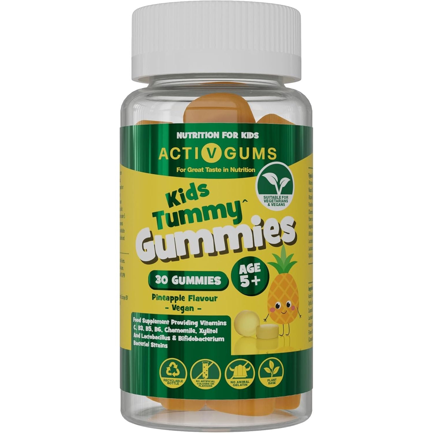 Kids Tummy 30 Vegan Gummies | for Aiding Gut Health | Vitamins C, B3, B5, B6, Chamomile 1000Mg, 1.125 Billion CFU Probiotics, Xyiltol | Resealable & Recyclable Pouch | Suitable for Ages 5+ Activgums®
