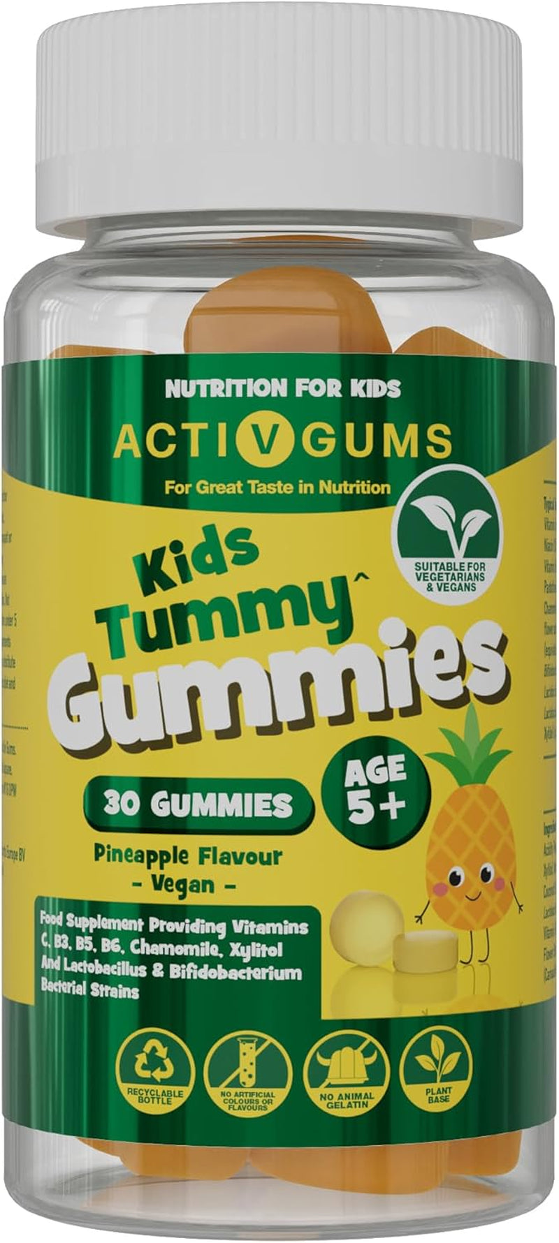 Kids Tummy 30 Vegan Gummies | for Aiding Gut Health | Vitamins C, B3, B5, B6, Chamomile 1000Mg, 1.125 Billion CFU Probiotics, Xyiltol | Resealable & Recyclable Pouch | Suitable for Ages 5+ Activgums®
