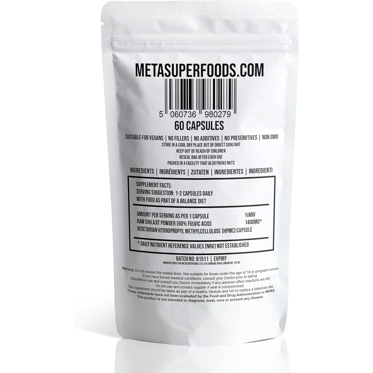 Shilajit | 60 Capsules | 60% Fulvic Acid | 1400 Milligrams Shilajit Resin Powder per Capsule | High Strength Shilajit Capsules | Vegan Himalayan