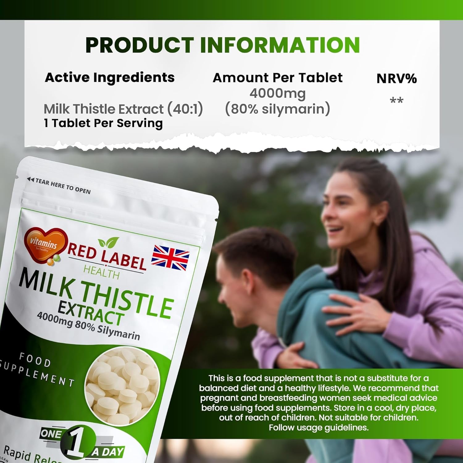 Red Label Health Milk Thistle 365 Tablets 4000Mg High Strength Silymarin Extract Vegan Made in the UK