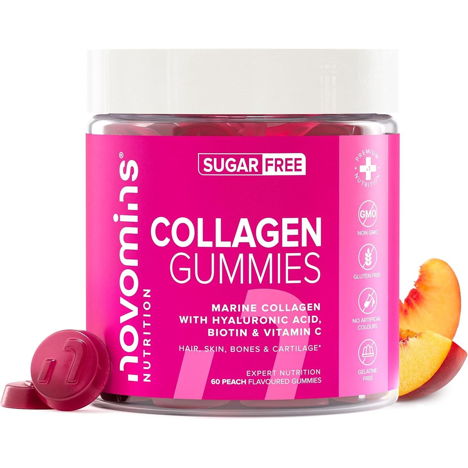 Collagen Gummies - Sugar Free - with Hyaluronic Acid, Vitamin C & Biotin - Collagen Supplements for Women & Men - More Convenient than Collagen Powder - 60 Marine Collagen Gummies - Novomins