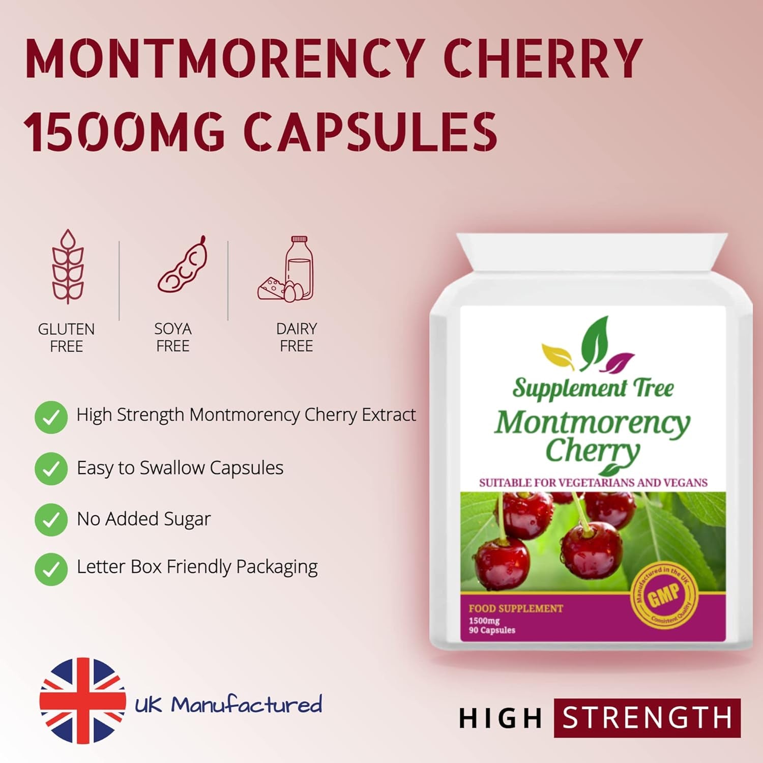 Montmorency Cherry Capsules 1500Mg - 90 Vegan Capsules - High Strength Pure Freeze Dried Cherry Powder Extract - 3000Mg per Daily Serving - UK Manufactured