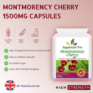 Montmorency Cherry Capsules 1500Mg - 90 Vegan Capsules - High Strength Pure Freeze Dried Cherry Powder Extract - 3000Mg per Daily Serving - UK Manufactured