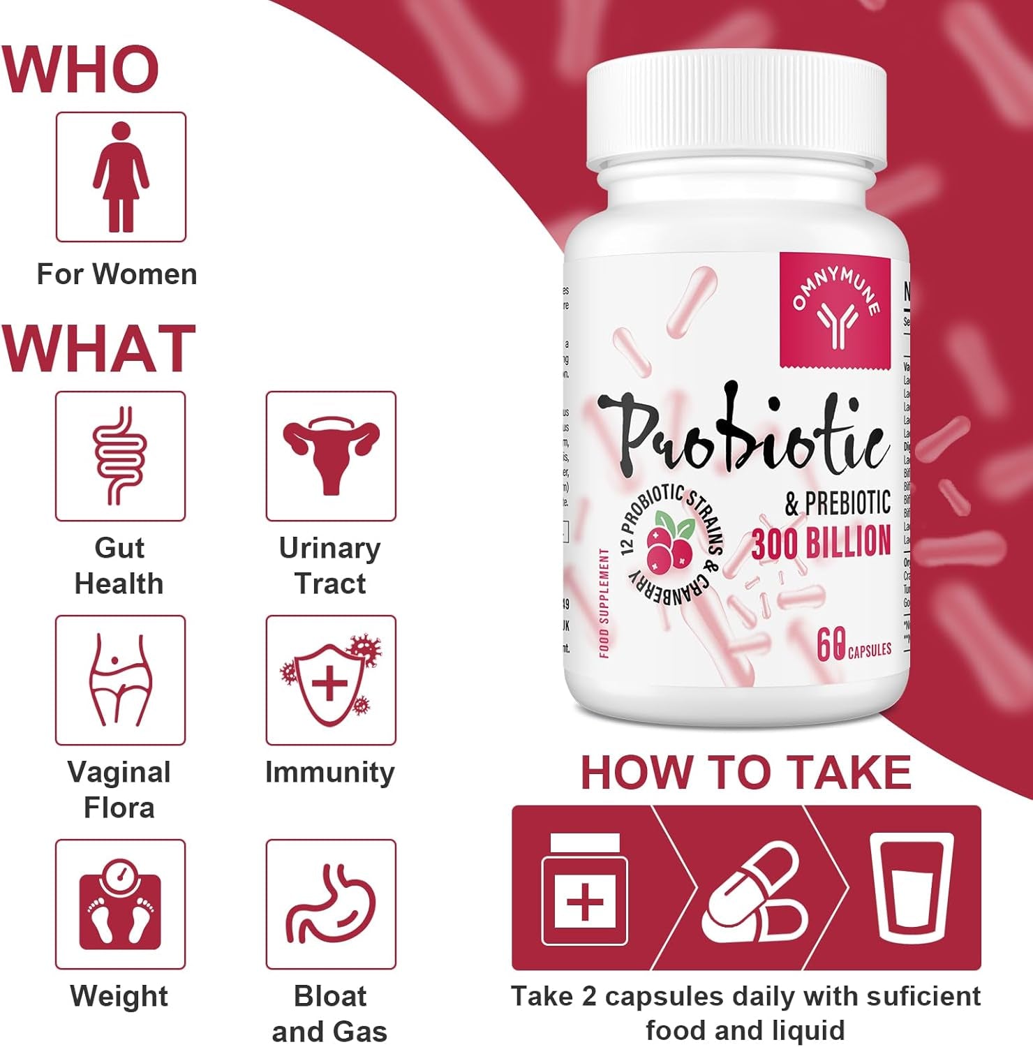 Probiotics for Women 300 Billion CFU, 12 Strains + Prebiotics, Digestive & Vaginal Health, 60 Capsules