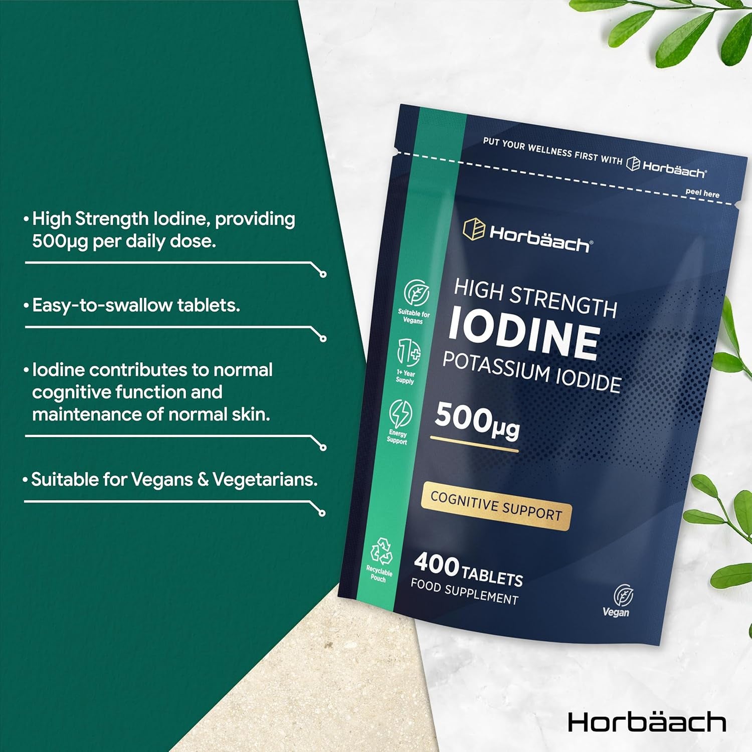 Iodine Supplement 500Mcg | 400 Vegan Tablets (1+ Year Supply) | High Strength Potassium Iodide | by Horbaach