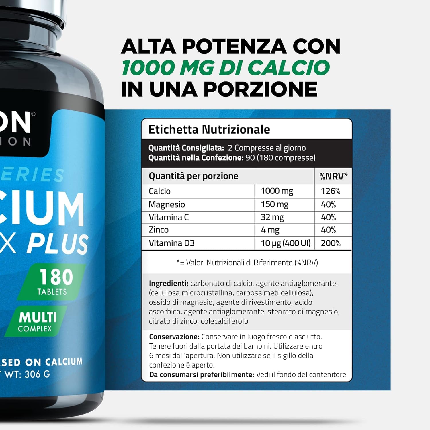 3 Months Supply - Calcium and Vitamin D - 180 Tablets - High Strength 1000Mg Calcium Complex with Vitamin D3, Magnesium, Zinc and Vitamin C - Supports Bones - Osteo Supplement - Packaging May Vary