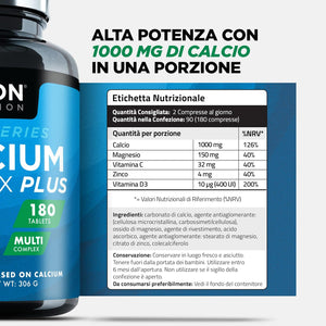 3 Months Supply - Calcium and Vitamin D - 180 Tablets - High Strength 1000Mg Calcium Complex with Vitamin D3, Magnesium, Zinc and Vitamin C - Supports Bones - Osteo Supplement - Packaging May Vary