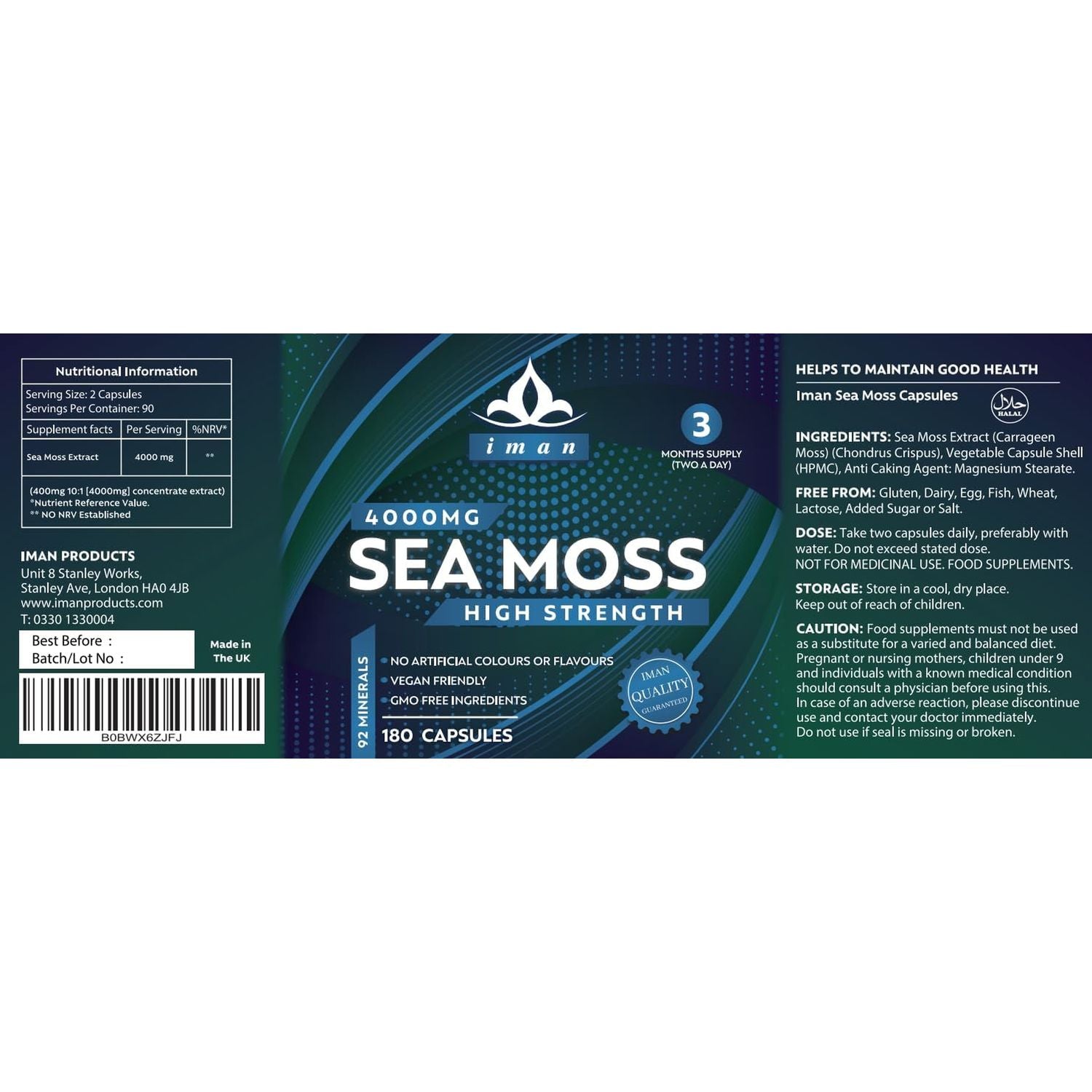 High Strength Sea Moss 4000Mg Capsules (180 Count) - Natural Source of Iodine - Wild Harvested - Vegan Friendly (3 Months Supply) - GMO Free, Gluten-Free, Made in the UK