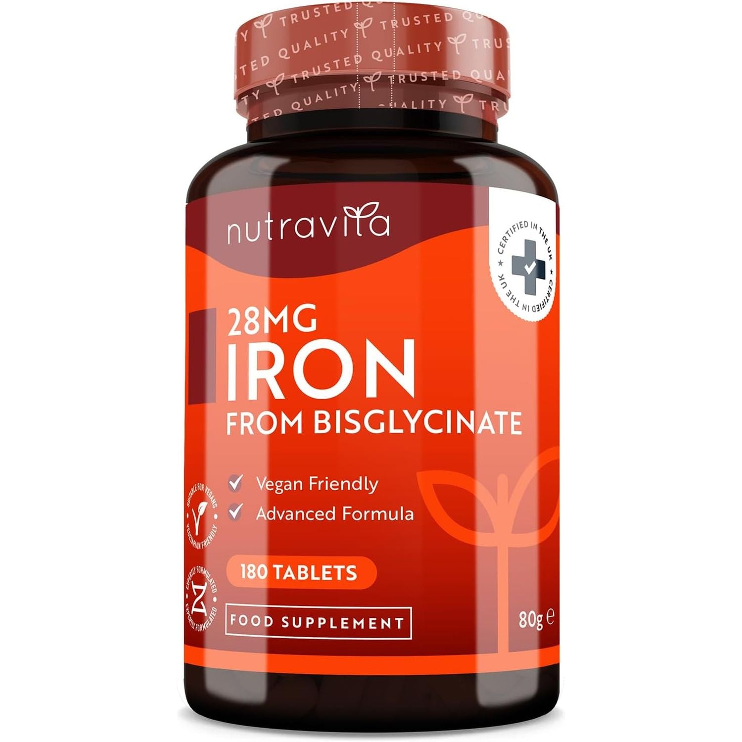 Iron Tablets 28Mg – 180 Vegan Tablets (3 Month Supply of Iron Supplements) – Contributes to the Reduction of Tiredness and Fatigue – Suitable for Men and Women – Made in the UK by Nutravita