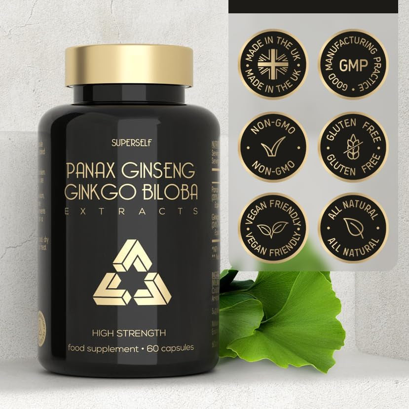 Panax Ginseng Capsules High Strength - 6000Mg Korean Red Ginseng & Ginkgo Biloba for Natural Energy & Focus - Vegan & UK Made - 60 Tablets One-A-Day - Premium Ginseng Root Supplements for Men & Women