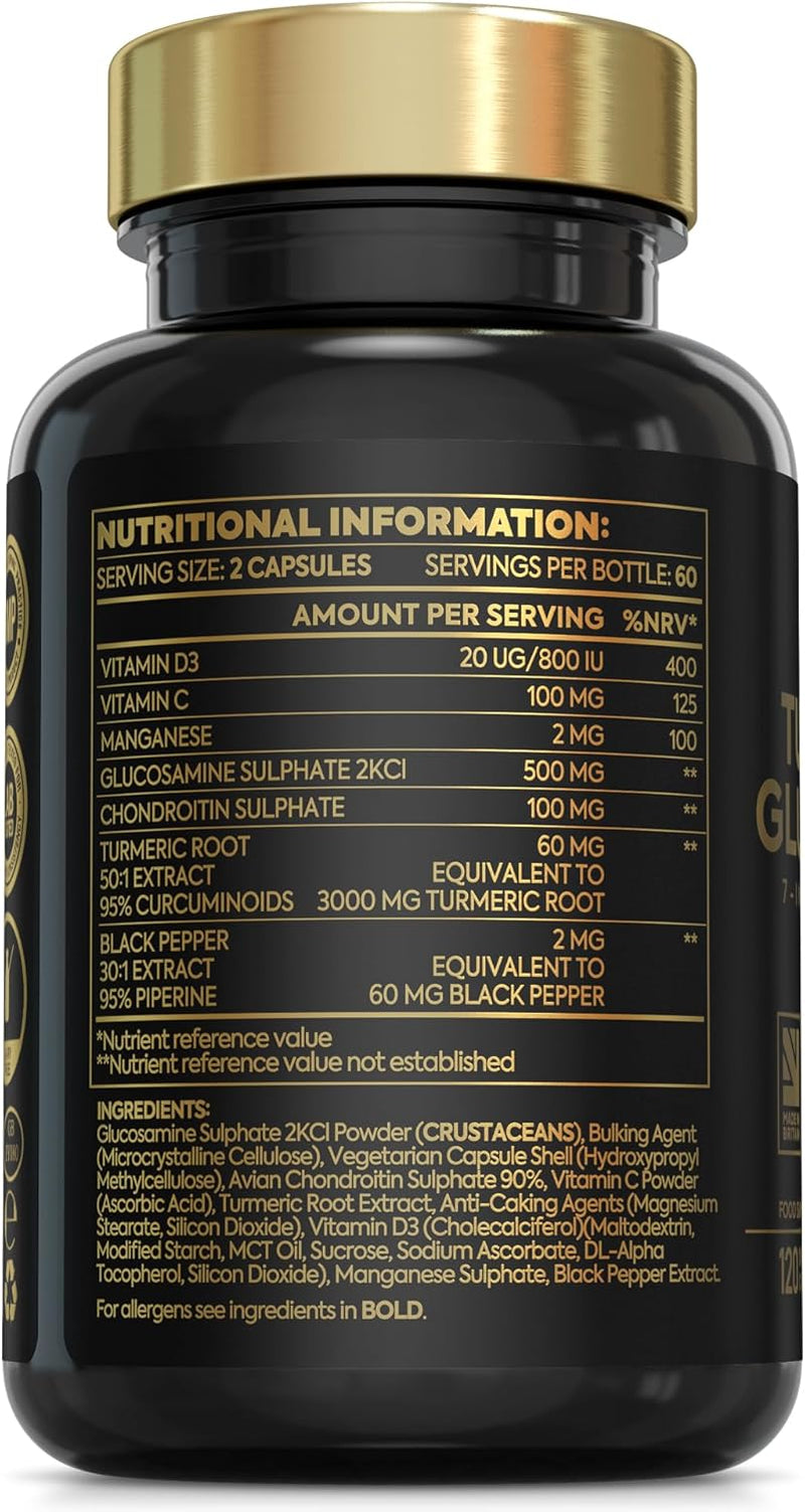 7-In-1 Turmeric and Black Pepper Capsules W/Glucosamine and Chondroitin High Strength | Made in the UK | High Absorption Tumeric Supplement | Glucosamine Sulphate & Turmeric Tablets | 120 Capsules