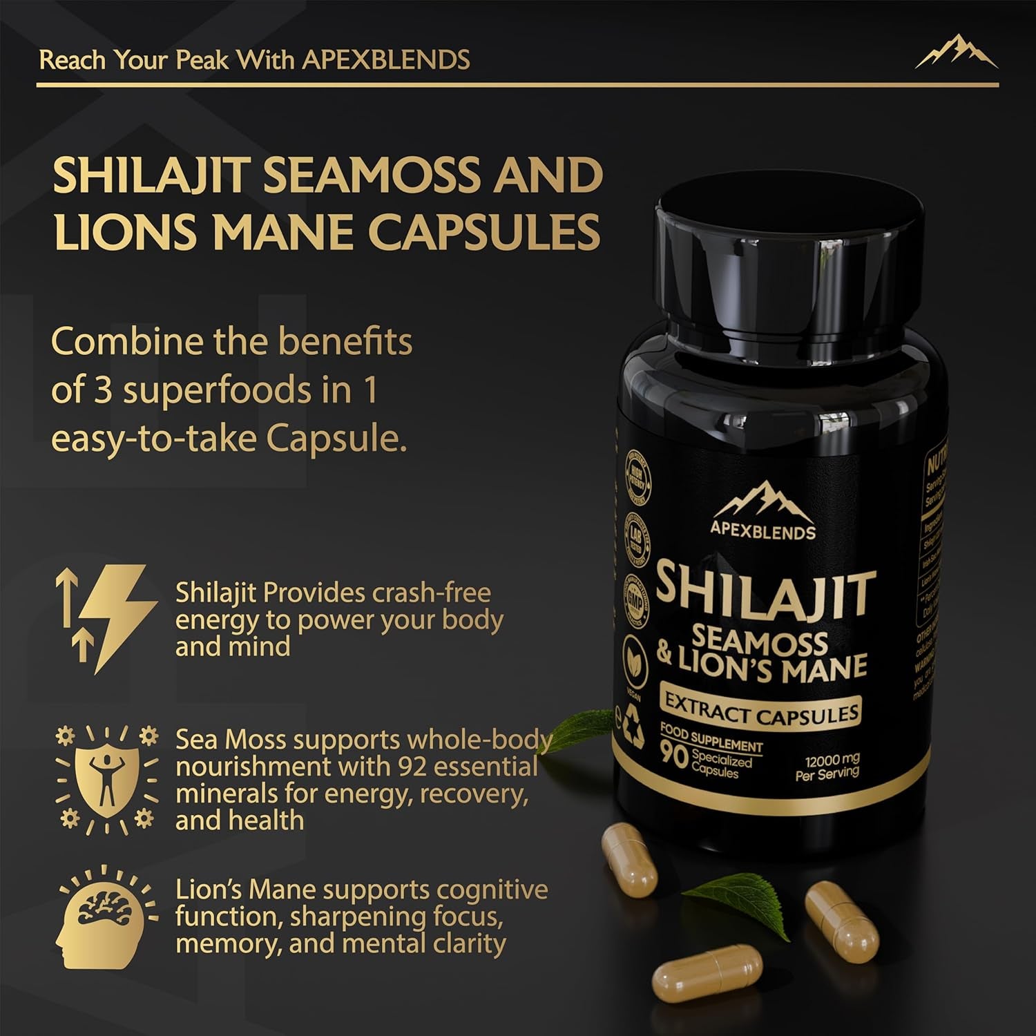 3-In-1 Shilajit, Seamoss and Lions Mane Capsules - High Strength 12000Mg Lion'S Mane Shilajit and Irish Sea Moss | Fulvic Acid, Organic Sea Moss | Supplements for Men and Women | 90 Vegan Capsules