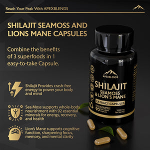 3-In-1 Shilajit, Seamoss and Lions Mane Capsules - High Strength 12000Mg Lion'S Mane Shilajit and Irish Sea Moss | Fulvic Acid, Organic Sea Moss | Supplements for Men and Women | 90 Vegan Capsules