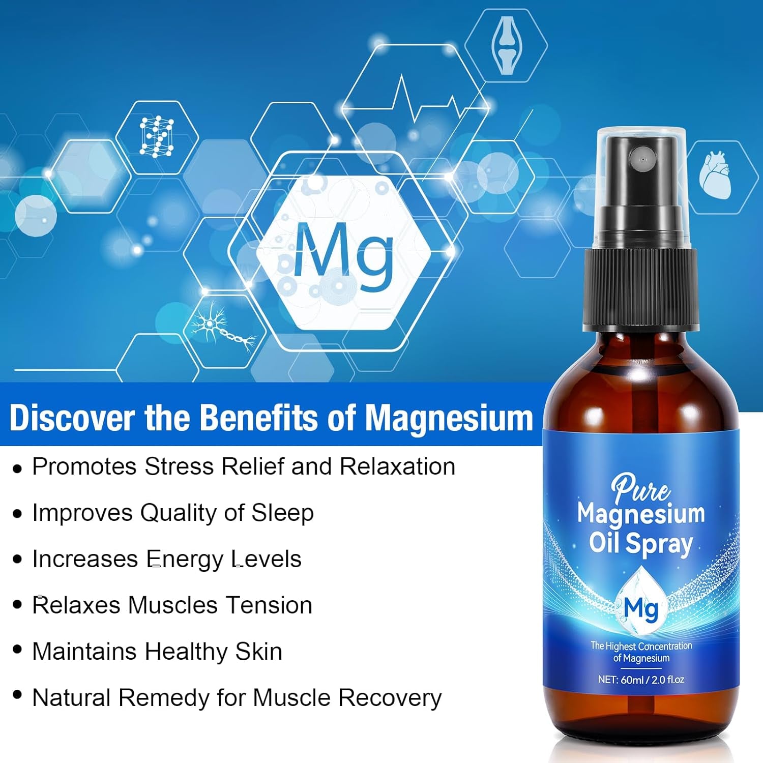 Magnesium Spray, Magnesium Oil for Feet, 100% Pure & Natural Organic Magnesium Oil Spray Glass Bottle, Easy to Absorb & Use, Magnesium Oil Spray for Sleep