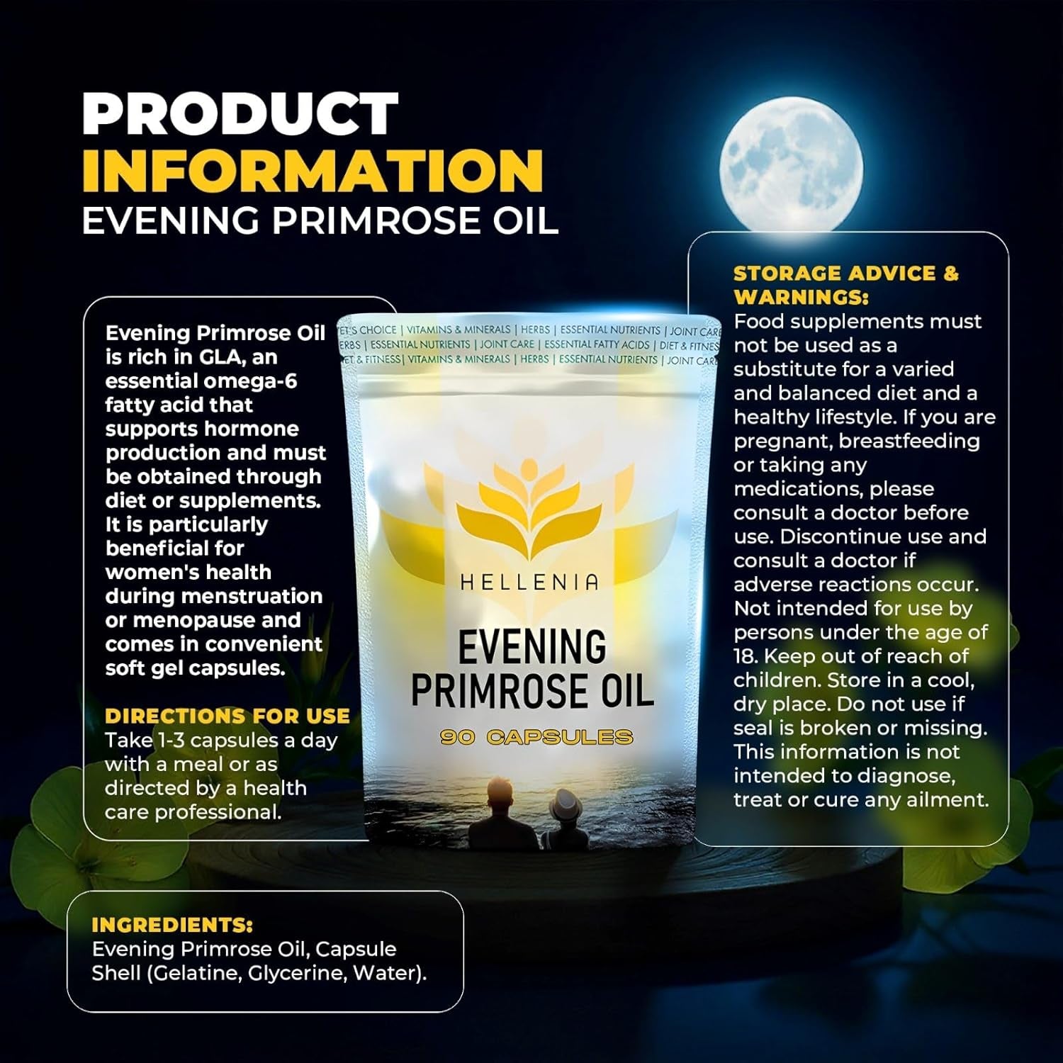 Evening Primrose Oil 1000Mg Capsules | High in Omega 6 Valuable | Pure Cold Pressed | 90 Capsules - Supplement for Women'S Health | High Strength Evening Primrose Oil - Made for Hellenia