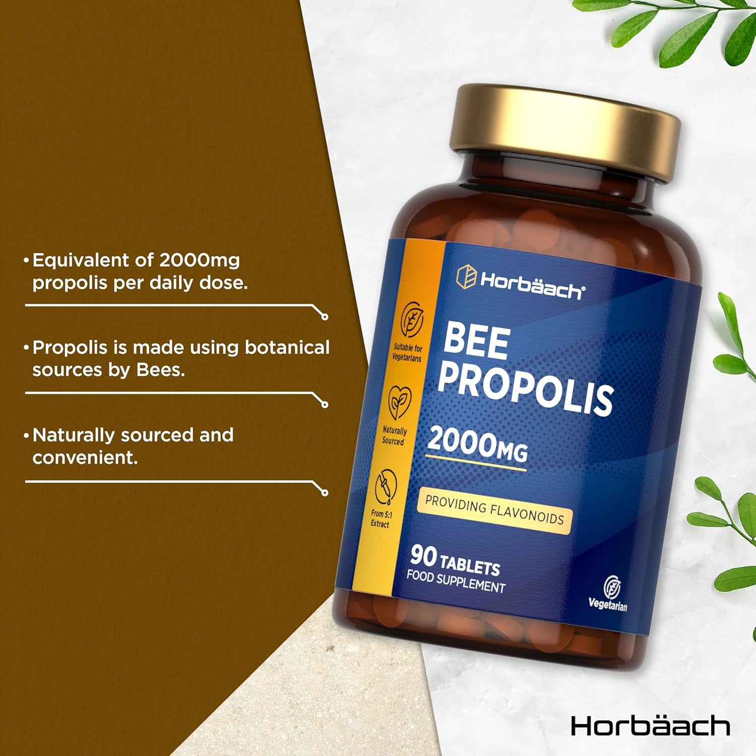 Bee Propolis Tablets 2000Mg | Flavonoids Propolis Supplement | 90 Vegetarian Tablets | High Strength 5:1 Extract | by Horbaach