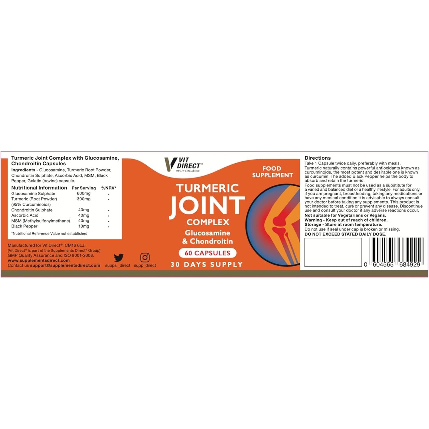 Vit Direct - Turmeric Joint Capsules - 60 Capsules - Joint Care Supplements - with Glucosamine & Chondroitin - Improve Overall Joint Health - Pain Relief - Cartilage Protection